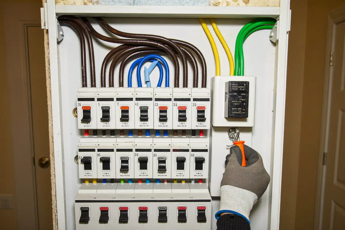Eletricista a apertar um borne num quadro elétrico com disjuntores